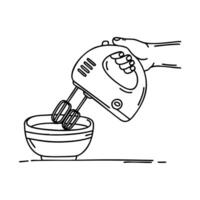 A hand holding a mixer while mixing cake batter vector