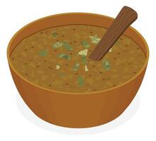 Lentil Soup with Garnish and Wood Spoon in Isometric Perspective - Easy to Edit vector