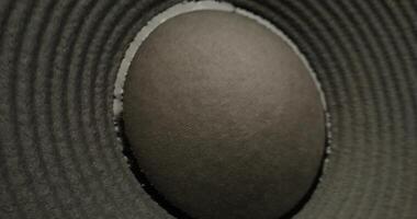 A close up of a speaker with a black circle video