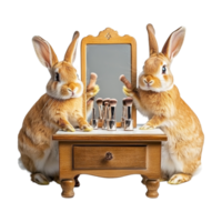 two rabbits are sitting on a table with a mirror png