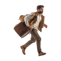 man with suitcase running on transparent background png