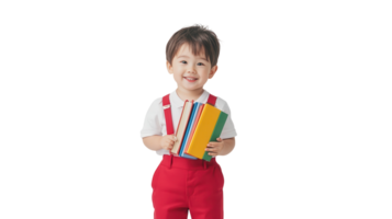 Child in red suspenders holds colorful books while smiling against a plain white background during a bright indoor setting png