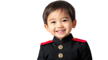 Smiling young boy in formal uniform poses for a portrait with bright expression and stylish detail in attire png