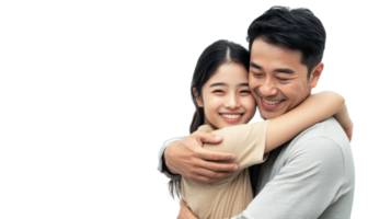 Couple enjoying a joyful embrace while smiling at each other in a bright and cheerful setting png