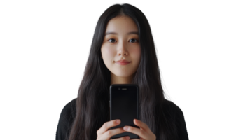 Young woman holds smartphone in a bright, minimalistic setting while looking at the camera with a calm expression png