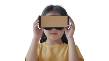 Child explores virtual reality through a headset while engaged in an interactive experience indoors during daylight png