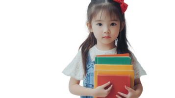Young child with colorful books standing against a plain background in an educational setting focused on reading png