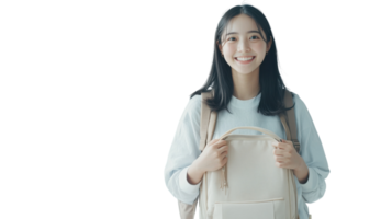 Young woman with a backpack smiling brightly against a white background in a casual setting png