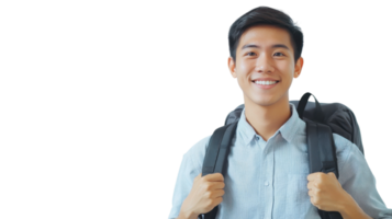 Young man with backpack smiling against a plain background, ready for adventure and exploration png