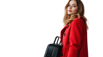 Woman in a red coat with a black bag poses confidently in a bright environment during daytime png