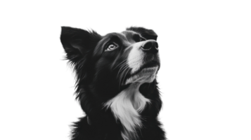 Border collie gazes upwards with a thoughtful expression in a minimalist setting showcasing its elegant features png