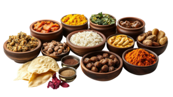 Colorful array of traditional spices and ingredients displayed in clay bowls on a white background png