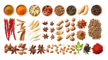 Collection of colorful spices and herbs arranged in bowls and on a white background showcasing diverse culinary ingredients png