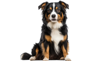 Beautiful australian shepherd dog sitting on white background looking curiously at the camera with a calm expression png