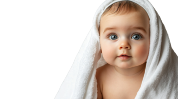 Baby wrapped in a soft white towel with a curious expression looking directly at the camera in a cozy indoor setting png