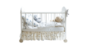 Cozy nursery featuring a decorated crib with stuffed animals and soft bedding in a serene atmosphere png