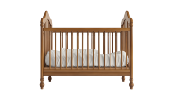 Wooden crib with soft bedding in a serene nursery setting at daylight png