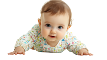 Baby in colorful onesie crawling on a white background with a curious expression png
