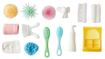 Colorful assortment of cleaning brushes and accessories arranged neatly on a white background showcasing various textures and shapes png