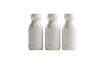 White plastic bottles lined up on a neutral background for a clean and simple presentation of dairy products png