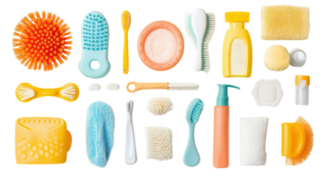Collection of colorful cleaning supplies arranged neatly on a white background showcasing various tools for household cleaning tasks png