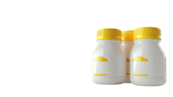 Three white condiment bottles with yellow caps arranged in a row on a simple background png