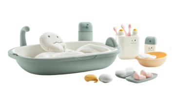 Soft toy bath set for toddlers arranged on a table with colorful accessories and bath products png