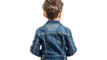 Young boy wearing a denim jacket stands with his back towards the viewer in a bright and simple setting png