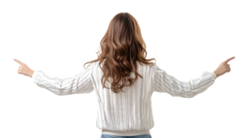 Woman with long hair gesturing with both hands in a minimalist setting while facing away from the viewer png
