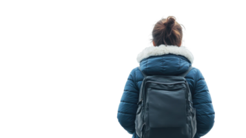 Person in a blue jacket and backpack stands against a bright white background contemplating their next adventure in a chilly environment png
