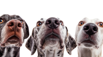 Three dogs with distinct markings looking curiously at the camera against a plain background during a studio session png