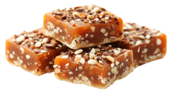 Delicious homemade caramel squares topped with crunchy chocolate bits and nuts ready to be enjoyed at any time png