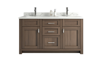Elegant double sink vanity with modern fixtures and ample storage space for bathroom renovations png