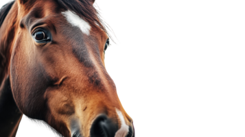 Close-up of a brown horse with a white stripe on its forehead in a serene and natural setting during the day png