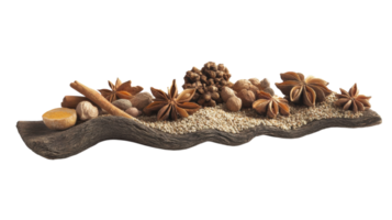 Display of aromatic spices and dried botanicals arranged on a wooden surface for a decorative touch in a warm setting png