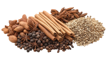 Diverse assortment of spices arranged on a white background showcasing unique textures and colors for culinary inspiration png