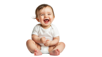 glücklich Baby Sitzung auf das Fußboden lächelt freudig während klatschen Hände im hell Rahmen während das Tag png