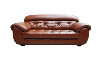 Modern brown leather sofa with tufted design placed against a white background in a minimalist setting png
