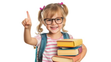 Girl with glasses holds books and raises finger, showing excitement for learning in bright setting png