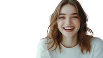 Smiling woman with long hair in a bright setting radiates joy and happiness while wearing a simple light-colored sweater png