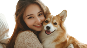 Smiling woman enjoys time with her corgi in a cozy indoor setting with soft lighting png