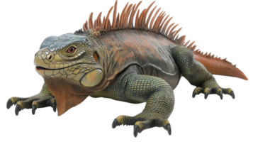 Colorful reptile with spiky back resting on a rock in a natural habitat under sunlight png