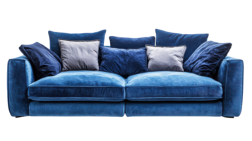 Soft blue sofa with multiple cushions placed in a modern living room setting adorned with cozy textures and calming colors png