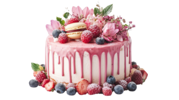 Delightful cake adorned with fresh berries and edible flowers at a celebration event in a bright setting png