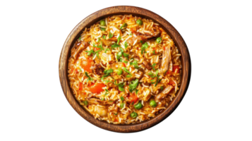 Savory rice dish with vegetables and shredded meat served in a wooden bowl on a plain background png