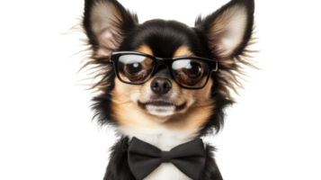 Dog dressed in formal attire wearing glasses and bow tie poses elegantly against a white background png