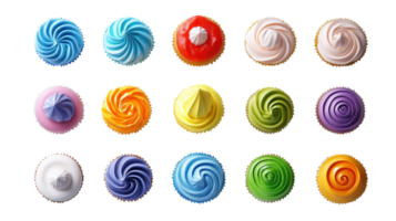 Colorful assortment of swirled cupcakes arranged in a neat grid showcasing various flavors and designs png