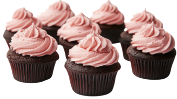 Delicious chocolate cupcakes with pink frosting displayed in an appealing arrangement for a festive occasion png