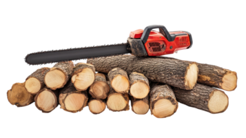 Logs stacked neatly with a chainsaw resting on top ready for cutting in a workshop environment png