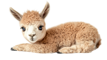 Soft and fluffy baby llama lying on a white surface exuding cuteness and charm at a farm setting png